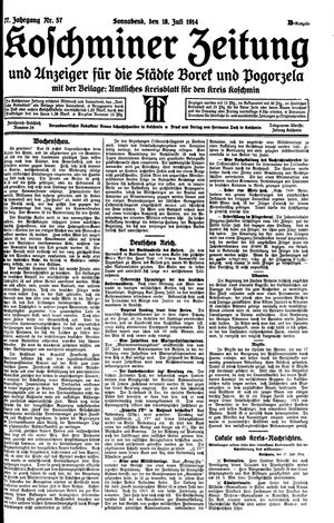 Koschminer Zeitung und Anzeiger für die Städte Borek und Pogorzela vom 18.07.1914