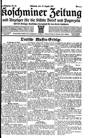 Koschminer Zeitung und Anzeiger für die Städte Borek und Pogorzela vom 12.08.1914