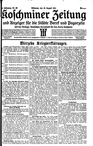 Koschminer Zeitung und Anzeiger für die Städte Borek und Pogorzela vom 19.08.1914