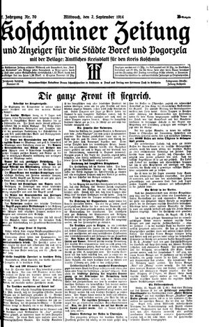Koschminer Zeitung und Anzeiger für die Städte Borek und Pogorzela vom 02.09.1914