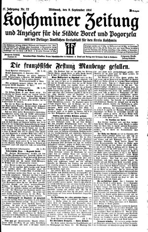 Koschminer Zeitung und Anzeiger für die Städte Borek und Pogorzela vom 09.09.1914