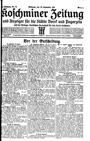 Koschminer Zeitung und Anzeiger für die Städte Borek und Pogorzela vom 16.09.1914