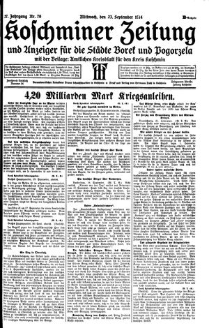 Koschminer Zeitung und Anzeiger für die Städte Borek und Pogorzela vom 23.09.1914