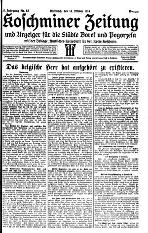 Koschminer Zeitung und Anzeiger für die Städte Borek und Pogorzela vom 14.10.1914