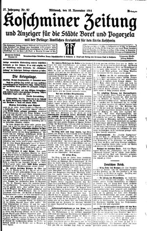 Koschminer Zeitung und Anzeiger für die Städte Borek und Pogorzela vom 18.11.1914