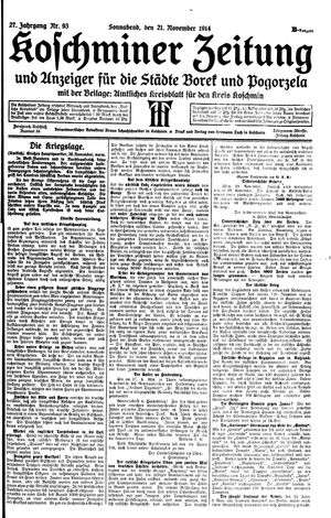 Koschminer Zeitung und Anzeiger für die Städte Borek und Pogorzela vom 21.11.1914