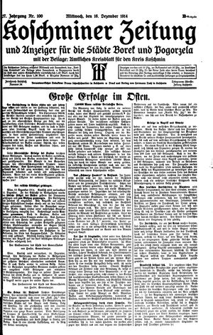 Koschminer Zeitung und Anzeiger für die Städte Borek und Pogorzela vom 16.12.1914