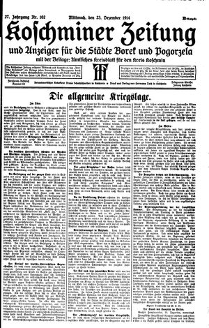 Koschminer Zeitung und Anzeiger für die Städte Borek und Pogorzela vom 23.12.1914