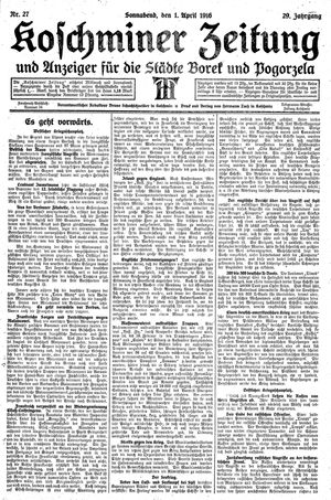 Koschminer Zeitung und Anzeiger für die Städte Borek und Pogorzela vom 01.04.1916