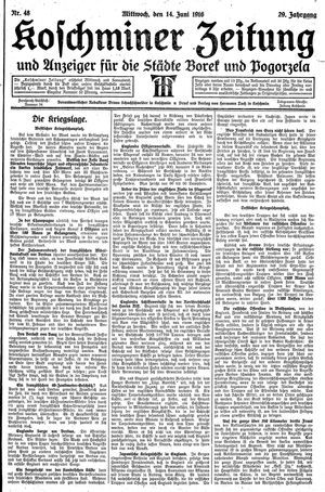 Koschminer Zeitung und Anzeiger für die Städte Borek und Pogorzela on Jun 14, 1916