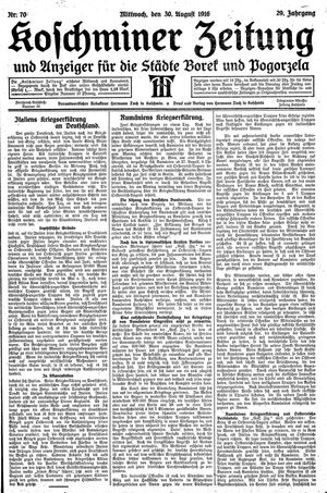Koschminer Zeitung und Anzeiger für die Städte Borek und Pogorzela vom 30.08.1916