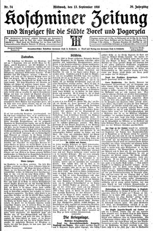 Koschminer Zeitung und Anzeiger für die Städte Borek und Pogorzela vom 13.09.1916