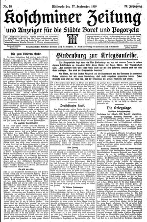 Koschminer Zeitung und Anzeiger für die Städte Borek und Pogorzela vom 27.09.1916