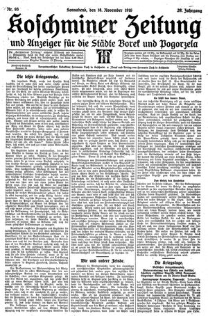 Koschminer Zeitung und Anzeiger für die Städte Borek und Pogorzela vom 18.11.1916