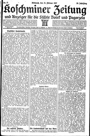 Koschminer Zeitung und Anzeiger für die Städte Borek und Pogorzela vom 21.02.1917