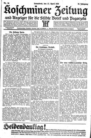 Koschminer Zeitung und Anzeiger für die Städte Borek und Pogorzela on Apr 13, 1918