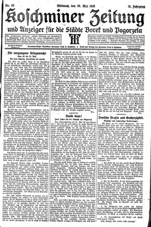 Koschminer Zeitung und Anzeiger für die Städte Borek und Pogorzela vom 29.05.1918