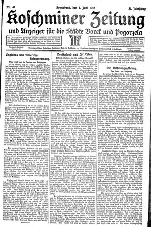 Koschminer Zeitung und Anzeiger für die Städte Borek und Pogorzela vom 01.06.1918