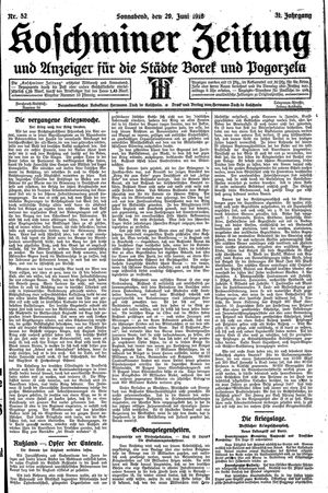 Koschminer Zeitung und Anzeiger für die Städte Borek und Pogorzela vom 29.06.1918