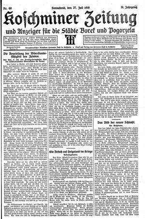 Koschminer Zeitung und Anzeiger für die Städte Borek und Pogorzela vom 27.07.1918