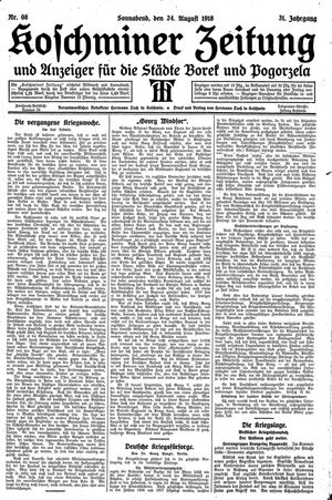 Koschminer Zeitung und Anzeiger für die Städte Borek und Pogorzela vom 24.08.1918
