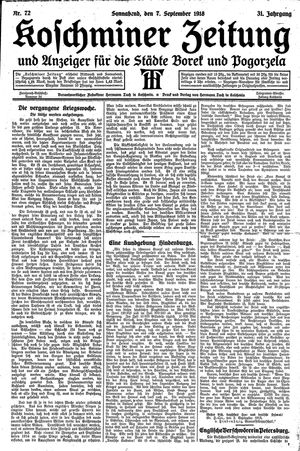 Koschminer Zeitung und Anzeiger für die Städte Borek und Pogorzela vom 07.09.1918
