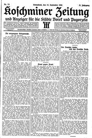 Koschminer Zeitung und Anzeiger für die Städte Borek und Pogorzela vom 14.09.1918