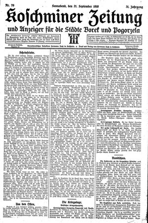 Koschminer Zeitung und Anzeiger für die Städte Borek und Pogorzela vom 21.09.1918