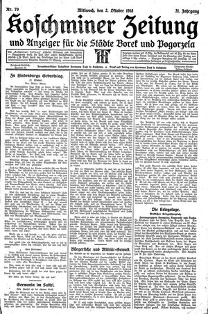 Koschminer Zeitung und Anzeiger für die Städte Borek und Pogorzela vom 02.10.1918