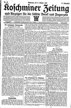 Koschminer Zeitung und Anzeiger für die Städte Borek und Pogorzela vom 09.10.1918