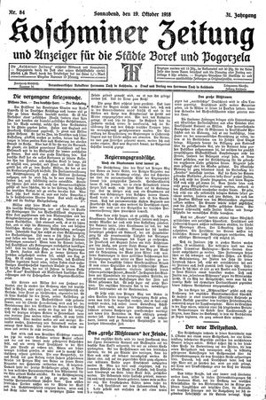 Koschminer Zeitung und Anzeiger für die Städte Borek und Pogorzela vom 19.10.1918