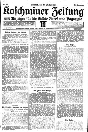 Koschminer Zeitung und Anzeiger für die Städte Borek und Pogorzela vom 23.10.1918