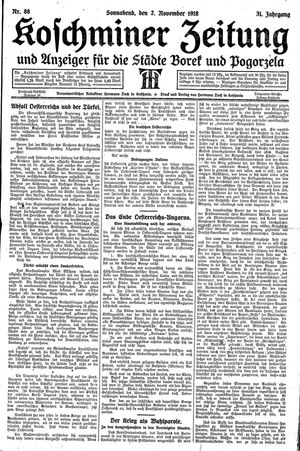 Koschminer Zeitung und Anzeiger für die Städte Borek und Pogorzela vom 02.11.1918