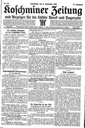 Koschminer Zeitung und Anzeiger für die Städte Borek und Pogorzela vom 09.11.1918