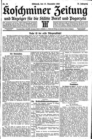 Koschminer Zeitung und Anzeiger für die Städte Borek und Pogorzela vom 13.11.1918