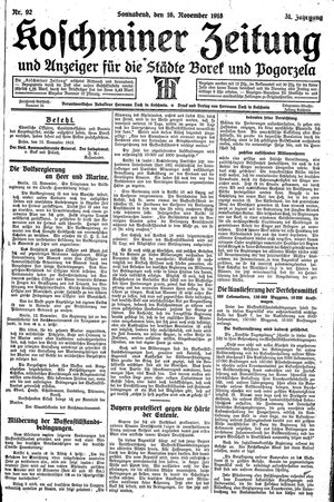 Koschminer Zeitung und Anzeiger für die Städte Borek und Pogorzela vom 16.11.1918