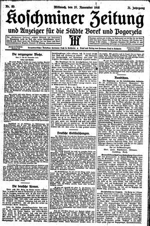 Koschminer Zeitung und Anzeiger für die Städte Borek und Pogorzela vom 27.11.1918