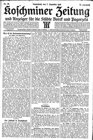 Koschminer Zeitung und Anzeiger für die Städte Borek und Pogorzela vom 07.12.1918