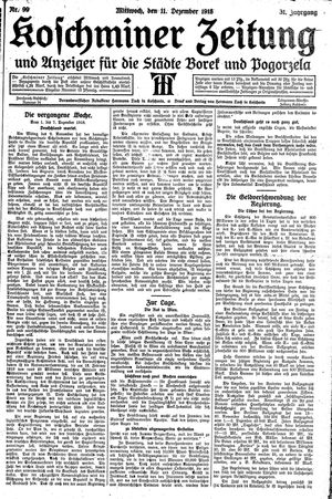 Koschminer Zeitung und Anzeiger für die Städte Borek und Pogorzela vom 11.12.1918