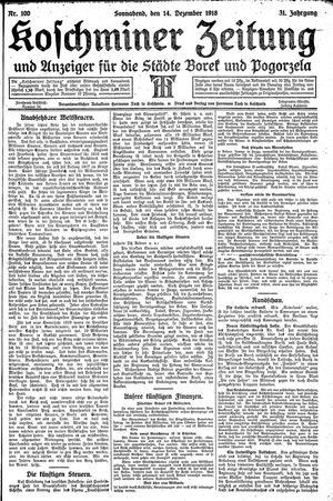 Koschminer Zeitung und Anzeiger für die Städte Borek und Pogorzela vom 14.12.1918