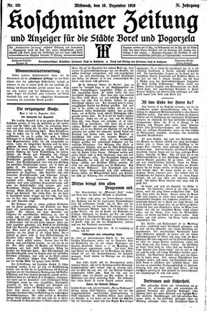 Koschminer Zeitung und Anzeiger für die Städte Borek und Pogorzela vom 18.12.1918