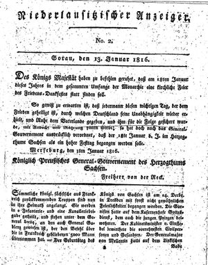 Niederlausitzischer Anzeiger vom 13.01.1816