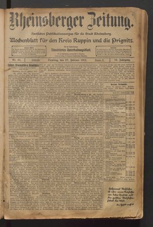 Rheinsberger Zeitung vom 27.02.1912