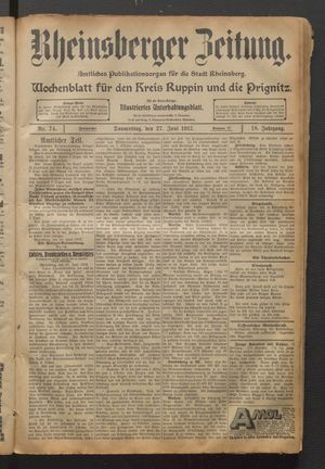 Rheinsberger Zeitung vom 27.06.1912