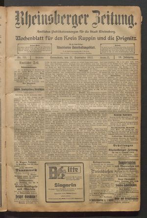 Rheinsberger Zeitung vom 21.09.1912