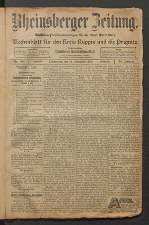 Rheinsberger Zeitung vom 12.12.1912