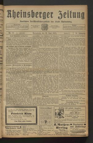Rheinsberger Zeitung vom 20.06.1925