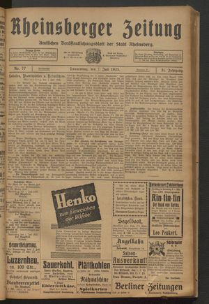 Rheinsberger Zeitung vom 02.07.1925