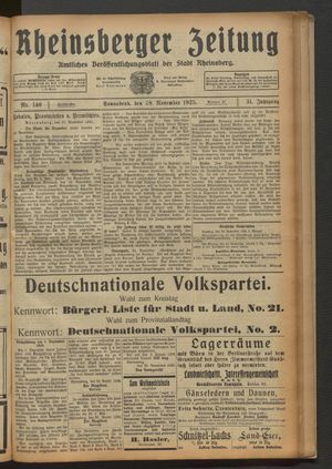 Rheinsberger Zeitung vom 28.11.1925