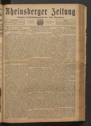 Rheinsberger Zeitung vom 01.06.1926